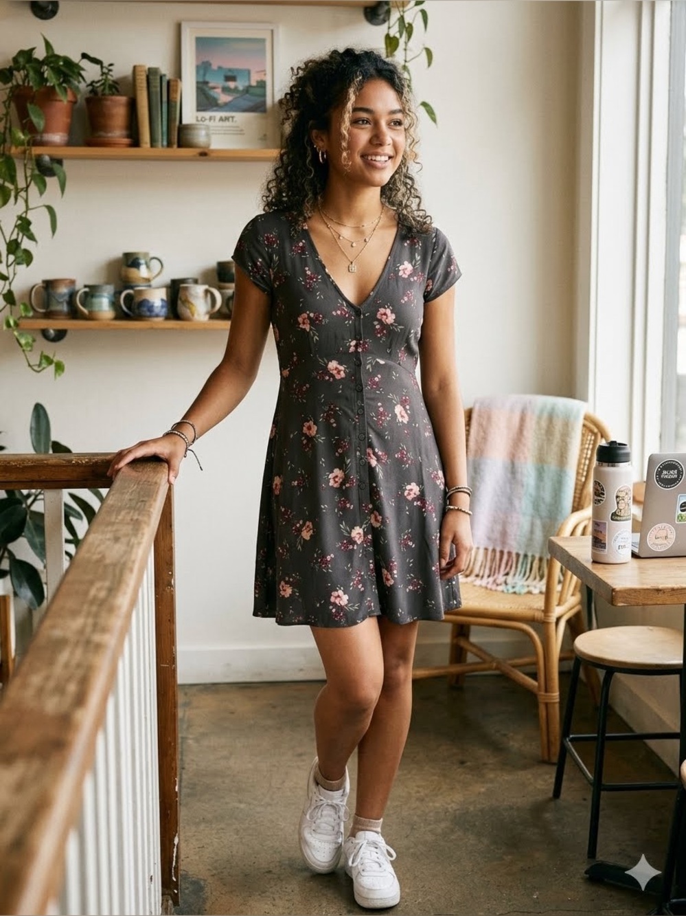 Aeropostale Black Floral Button - Front Mini Dress - Cap Sleeve - Size S